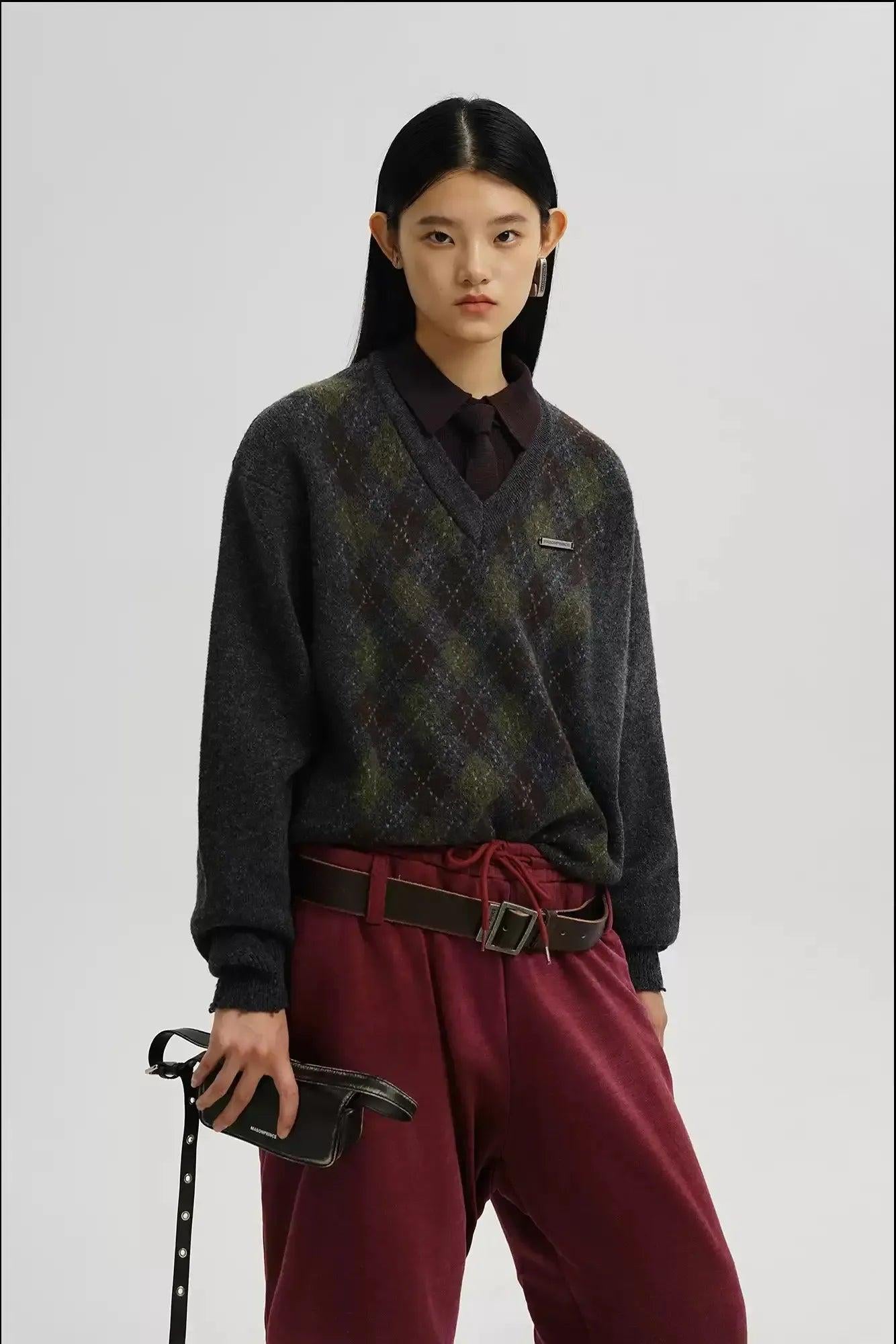 Argyle Double Zipped/V-Neck Sweater Korean Street Fashion Sweater By Mason Prince Shop Online at OH Vault