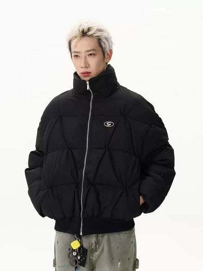 Metallic Logo Pleated Puffer Jacket Korean Street Fashion Jacket By A PUEE Shop Online at OH Vault