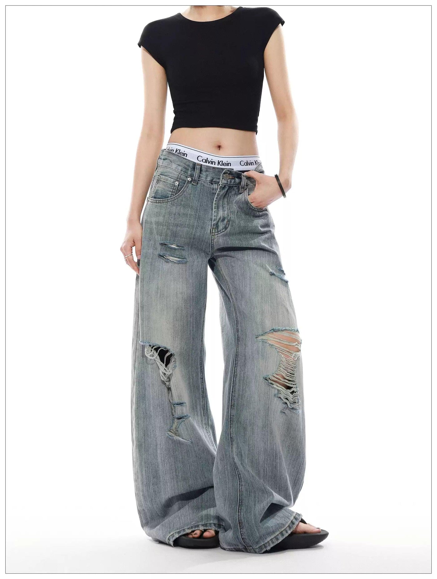Textured Distressed Wide Jeans Korean Street Fashion Jeans By Mr Nearly Shop Online at OH Vault