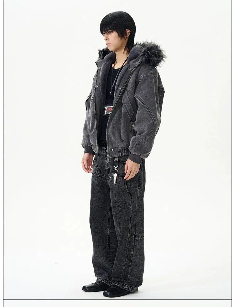 Faded Fur Trimmed Hooded Jacket Korean Street Fashion Jacket By 77Flight Shop Online at OH Vault