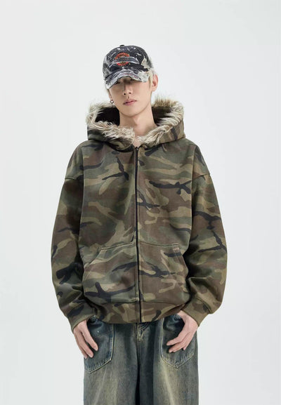 Camo Fur Collar Hooded Jacket Korean Street Fashion Jacket By Ash Dark Shop Online at OH Vault