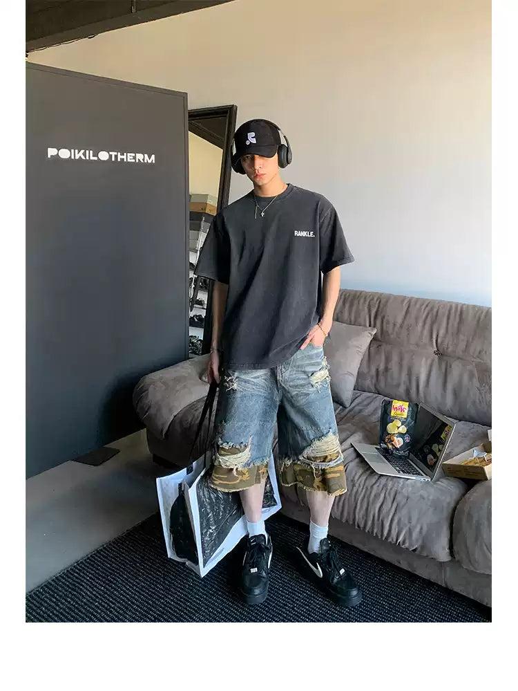 Camouflage Layer Distressed Denim Shorts Korean Street Fashion Shorts By Poikilotherm Shop Online at OH Vault