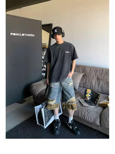 Camouflage Layer Distressed Denim Shorts Korean Street Fashion Shorts By Poikilotherm Shop Online at OH Vault