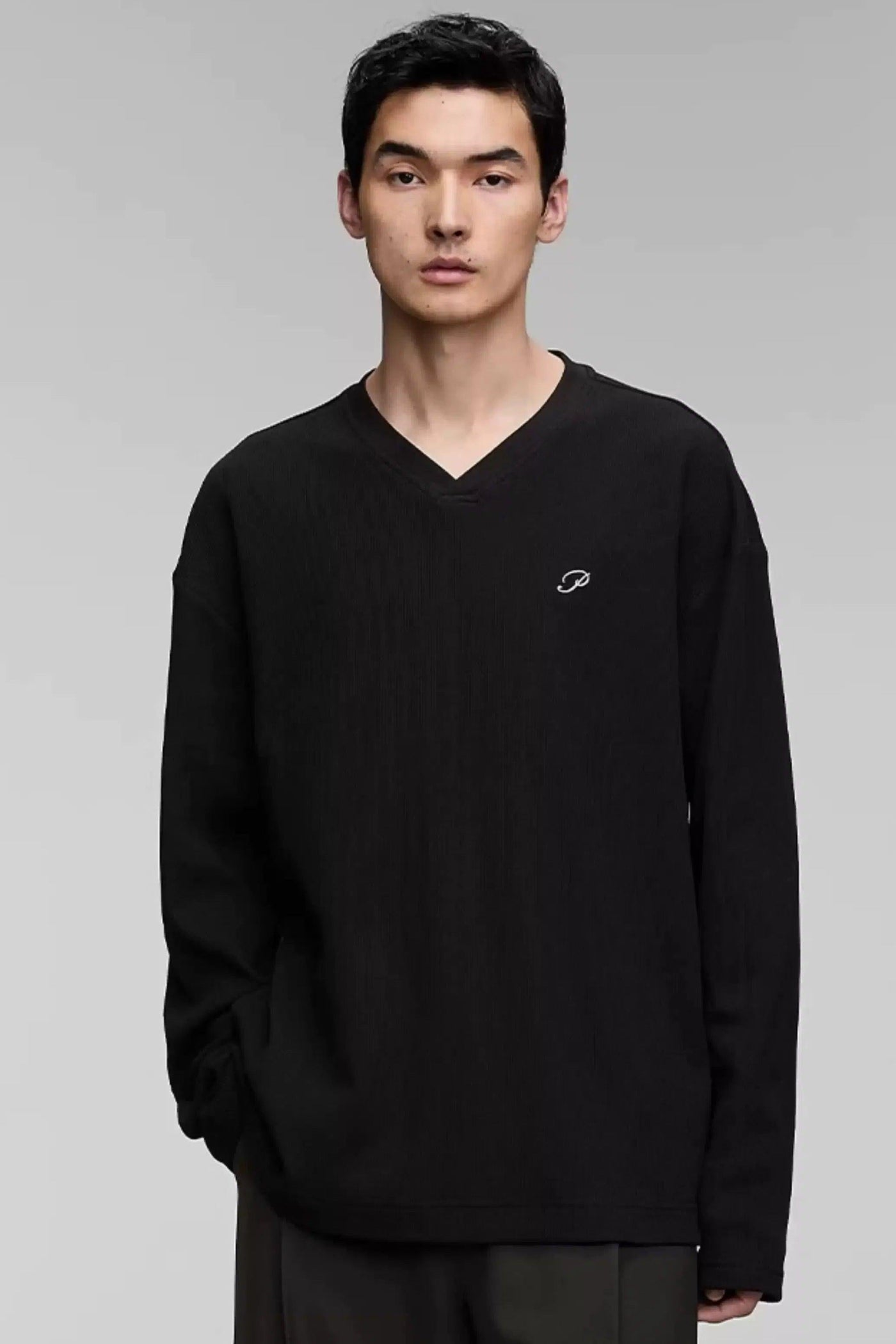 Textured V-Neck Long Sleeve T-Shirt Korean Street Fashion T-Shirt By Opicloth Shop Online at OH Vault