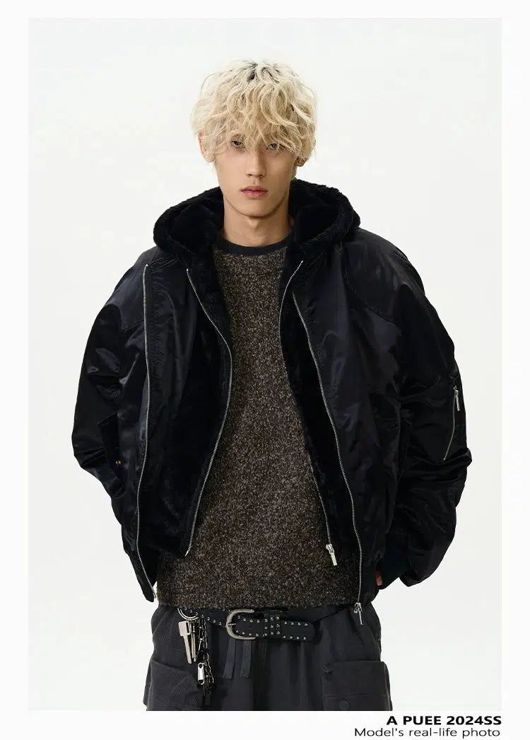 Spliced Plushy Hooded Bomber Jacket Korean Street Fashion Jacket By A PUEE Shop Online at OH Vault