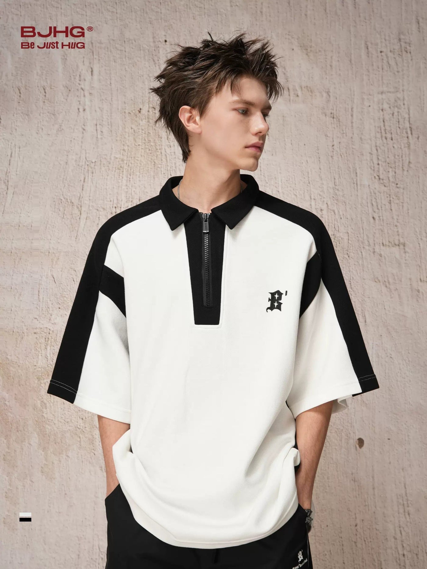 Contrast Spliced Half-Zipped Polo Korean Street Fashion Polo By BE Just Hug Shop Online at OH Vault