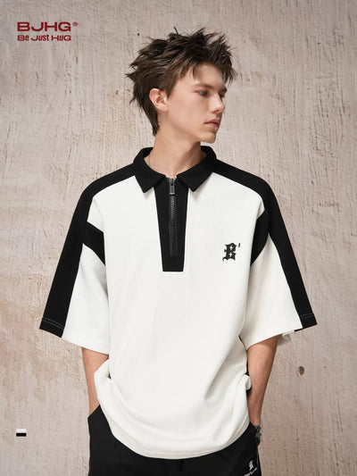 Contrast Spliced Half-Zipped Polo Korean Street Fashion Polo By BE Just Hug Shop Online at OH Vault