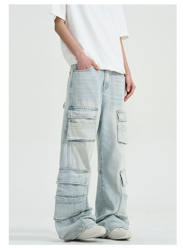 Light Wash Double Pocket Cargo Jeans Korean Street Fashion Jeans By A PUEE Shop Online at OH Vault