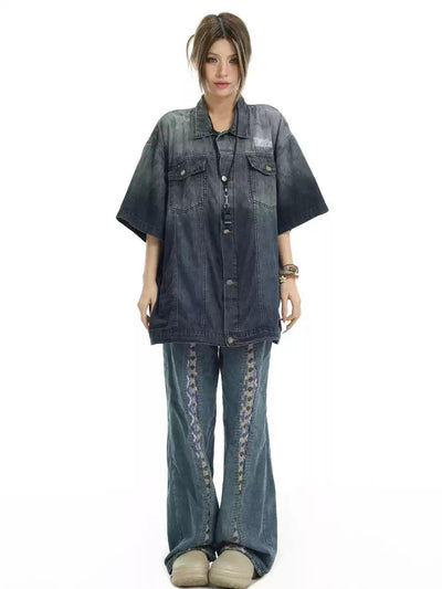 Half Fade Oversized Denim Shirt Korean Street Fashion Shirt By INS Korea Shop Online at OH Vault