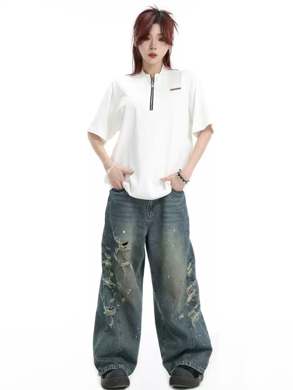 Half-Zipped Comfty T-Shirt Korean Street Fashion T-Shirt By INS Korea Shop Online at OH Vault