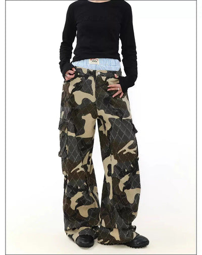 Double-Waist Wide Camo Cargo Pants Korean Street Fashion Pants By Mr Nearly Shop Online at OH Vault