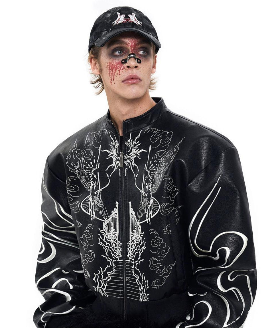 Artwork Stitch PU Leather Jacket Korean Street Fashion Jacket By Slim Black Shop Online at OH Vault