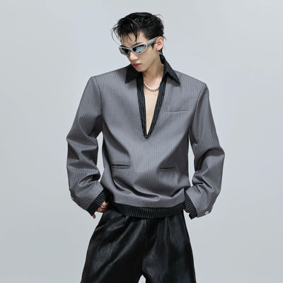 Spliced Low V-Neck Striped Blazer Korean Street Fashion Blazer By Argue Culture Shop Online at OH Vault