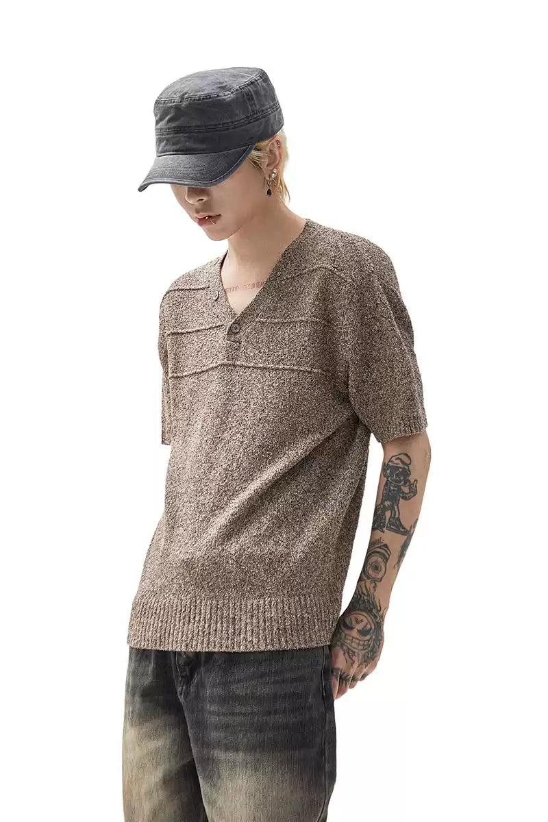 Textured Knit V-Neck T-Shirt Korean Street Fashion T-Shirt By Ash Dark Shop Online at OH Vault