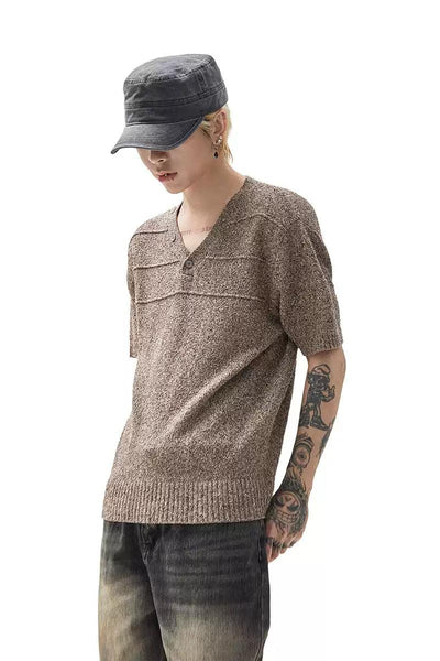 Textured Knit V-Neck T-Shirt Korean Street Fashion T-Shirt By Ash Dark Shop Online at OH Vault