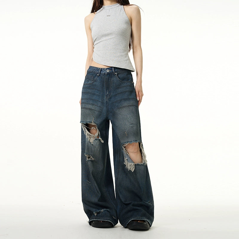 Distressed Cuts Detail Jeans Korean Street Fashion Jeans By 77Flight Shop Online at OH Vault