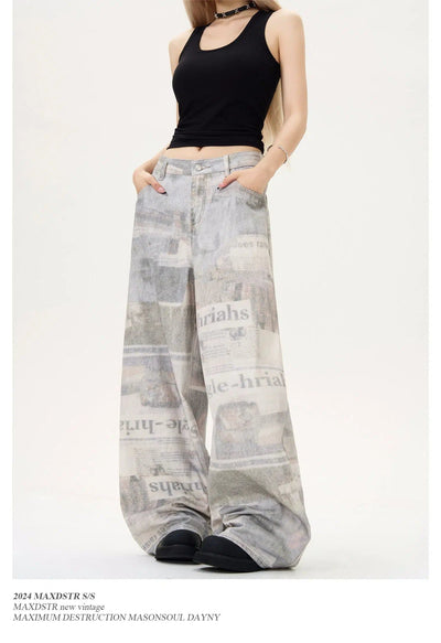 Newspaper Full-Print Baggy Jeans Korean Street Fashion Jeans By MaxDstr Shop Online at OH Vault