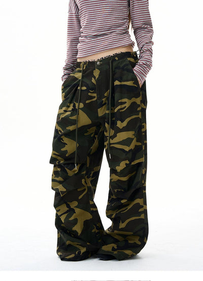Drawcord Pleated Camo Pants Korean Street Fashion Pants By 77Flight Shop Online at OH Vault