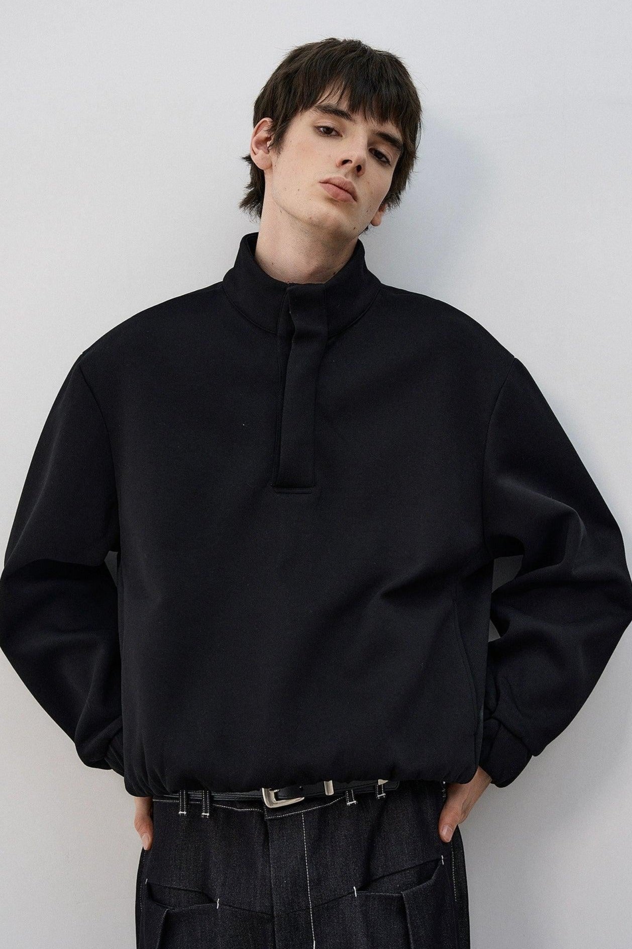 Solid Color Half Buttoned Crewneck Korean Street Fashion Crewneck By MaxDstr Shop Online at OH Vault