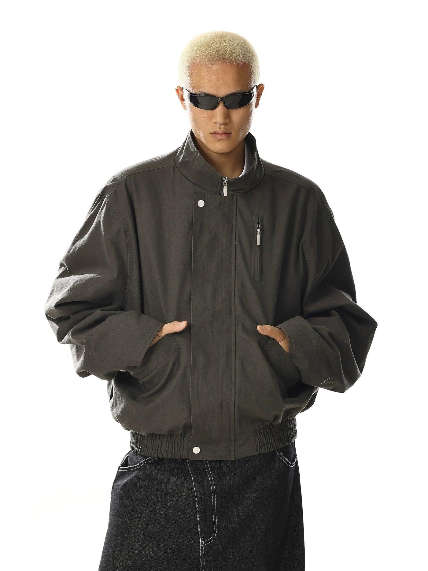 Stand Collar Ruched Hem Jacket Korean Street Fashion Jacket By MEBXX Shop Online at OH Vault