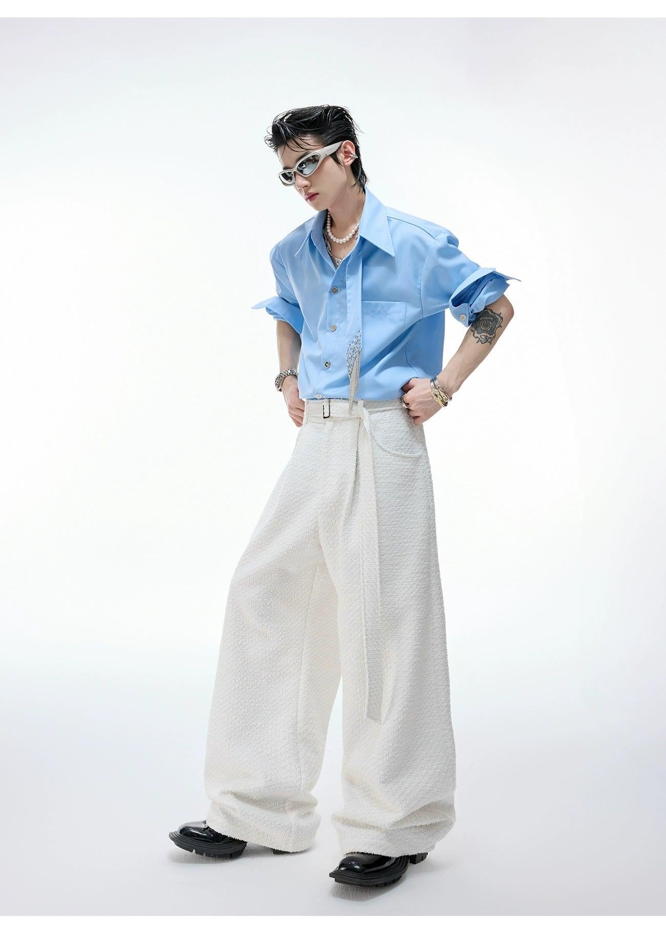 Tweed Textured Pearl Half Buttoned & Wide Leg Pants Set Korean Street Fashion Clothing Set By Argue Culture Shop Online at OH Vault