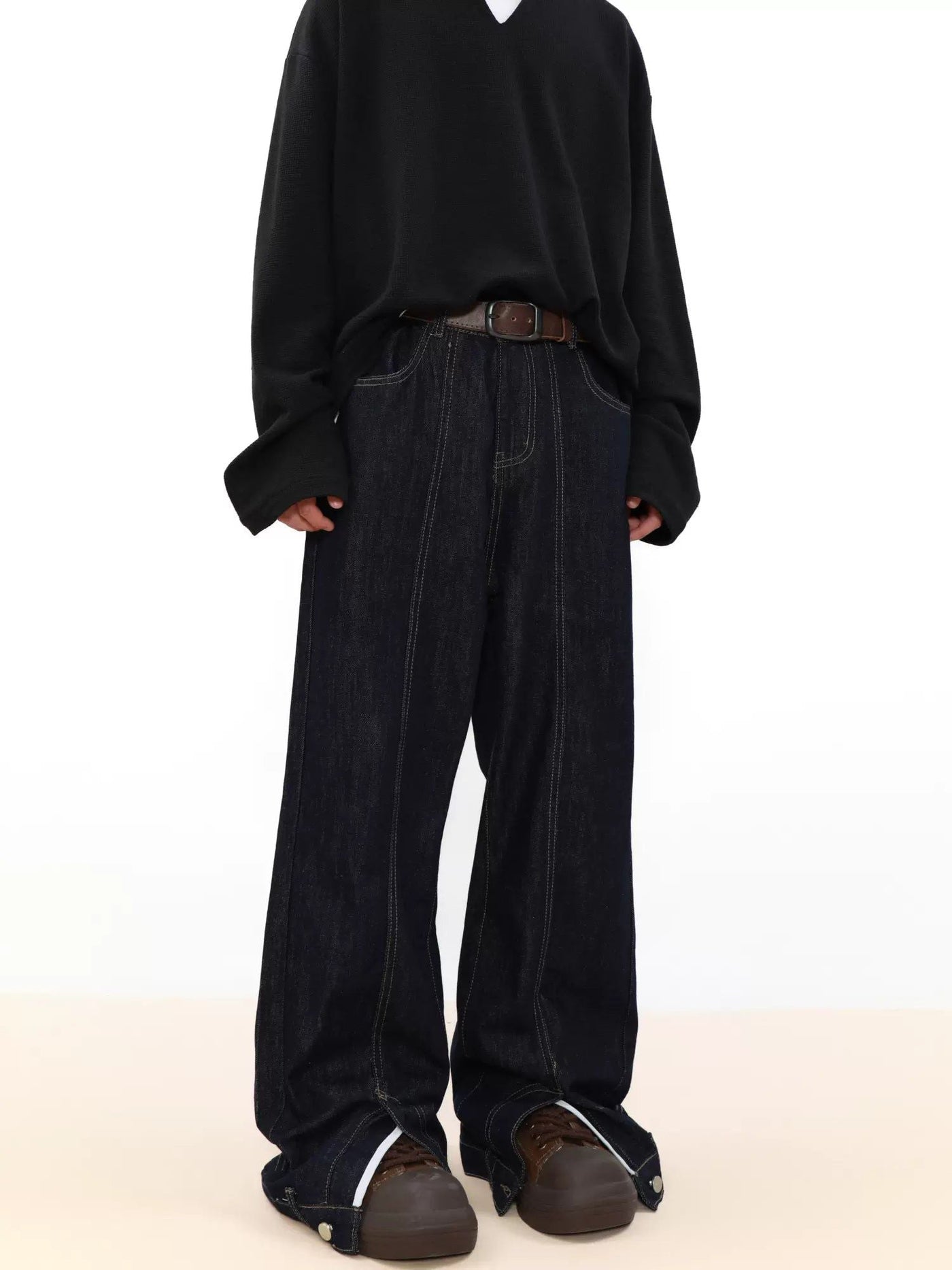 Buttoned Ends Flipped Effect Jeans Korean Street Fashion Jeans By Mr Nearly Shop Online at OH Vault