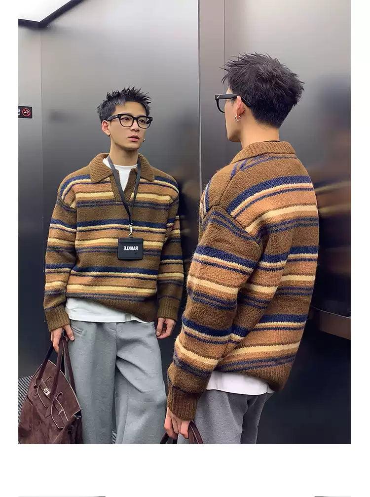 Striped Collared V-Neck Sweater Korean Street Fashion Sweater By Poikilotherm Shop Online at OH Vault