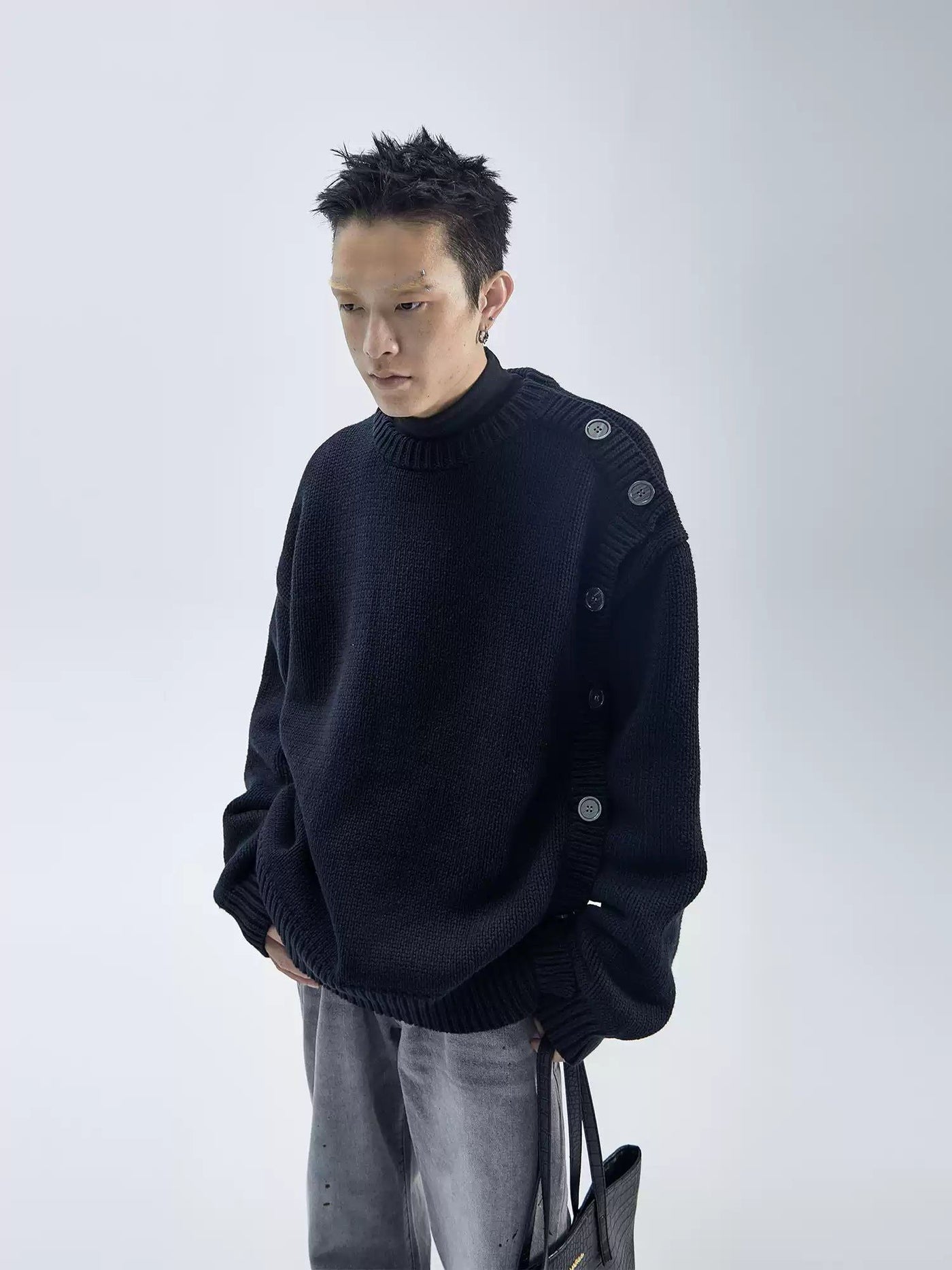 Side Buttons Round Neck Sweater Korean Street Fashion Sweater By Ash Dark Shop Online at OH Vault