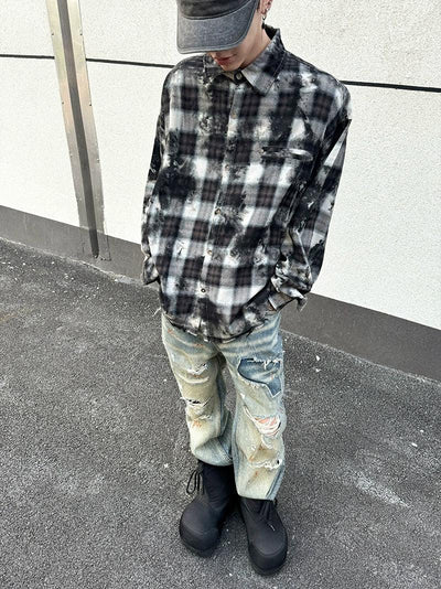 Ink Washed Checkered Shirt Korean Street Fashion Shirt By Ash Dark Shop Online at OH Vault