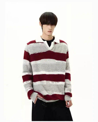 Contrast Striped Collared V-Neck Sweater Korean Street Fashion Sweater By A PUEE Shop Online at OH Vault