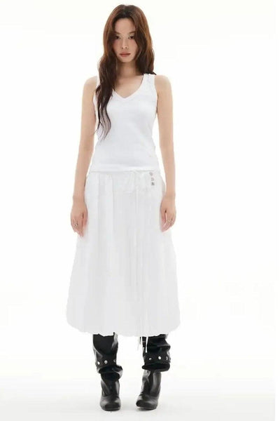 Snap Buttons and Drawstring Pleated Long Skirt Korean Street Fashion Skirt By Funky Fun Shop Online at OH Vault