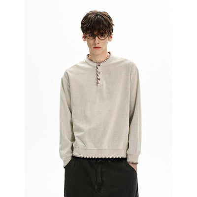 Stitched Henley Collar Crewneck Korean Street Fashion Crewneck By MaxDstr Shop Online at OH Vault