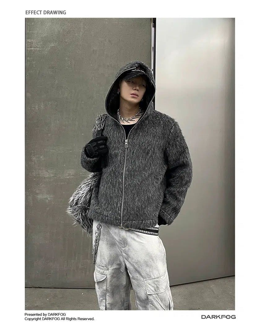 Casual Fuzzy Zip-Up Hoodie Korean Street Fashion Hoodie By Dark Fog Shop Online at OH Vault