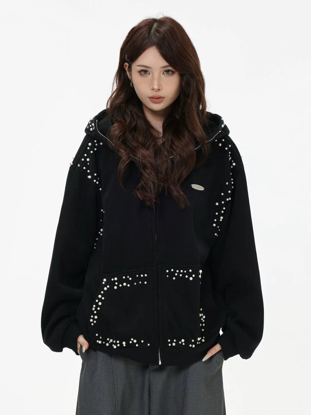 Pearled Outline Zip-Up Hoodie Korean Street Fashion Hoodie By INS Korea Shop Online at OH Vault