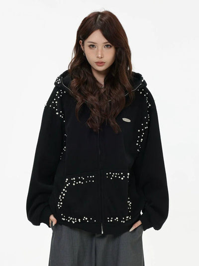 Pearled Outline Zip-Up Hoodie Korean Street Fashion Hoodie By INS Korea Shop Online at OH Vault