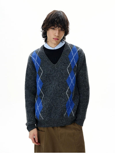 Argyle-Patterned V-Neck Sweater Korean Street Fashion Sweater By 77Flight Shop Online at OH Vault