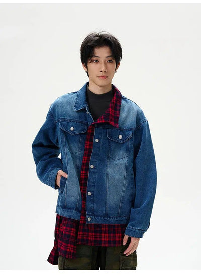 Stitched Plaid Denim Jacket Korean Street Fashion Jacket By 77Flight Shop Online at OH Vault