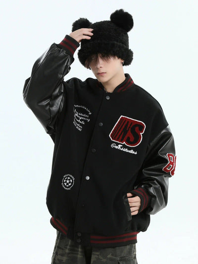 Stitched Badge Contrast Varsity Jacket Korean Street Fashion Jacket By INS Korea Shop Online at OH Vault