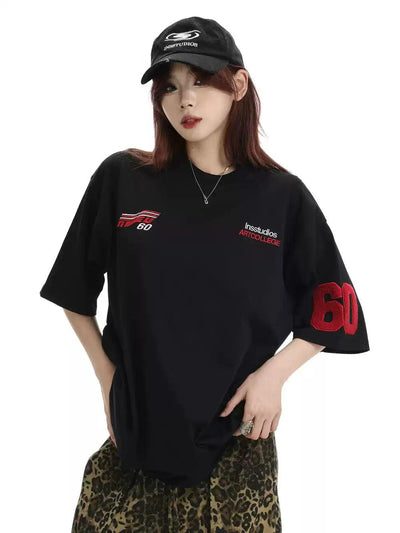 Racing Style Embroidered T-Shirt Korean Street Fashion T-Shirt By INS Korea Shop Online at OH Vault