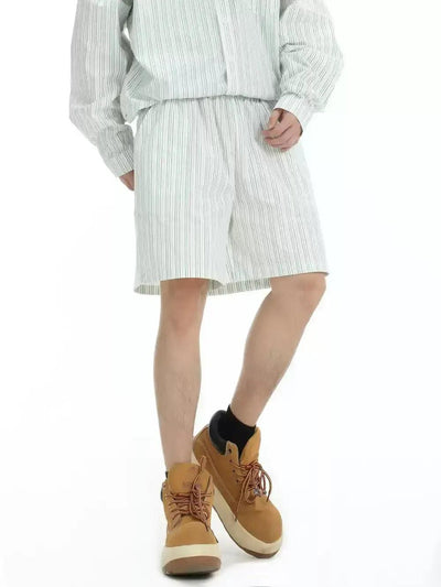 Logo Pocket Striped Shirt & Elastic Waist Shorts Set Korean Street Fashion Clothing Set By INS Korea Shop Online at OH Vault