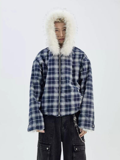 Checked Fur Collar Hooded Jacket Korean Street Fashion Jacket By Ash Dark Shop Online at OH Vault