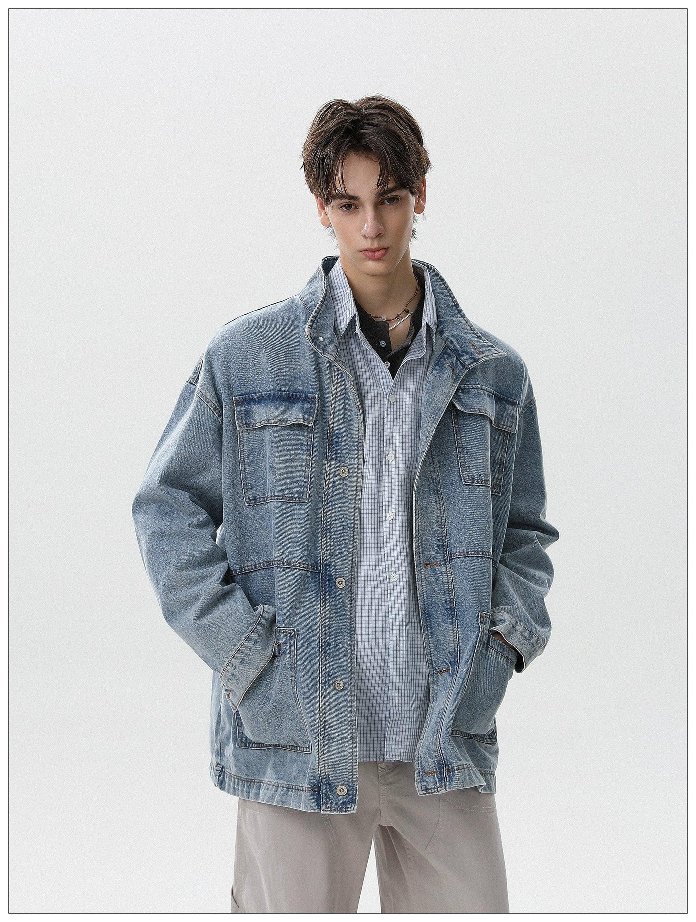 Washed Multi-Pocket Denim Jacket Korean Street Fashion Jacket By Mr Nearly Shop Online at OH Vault