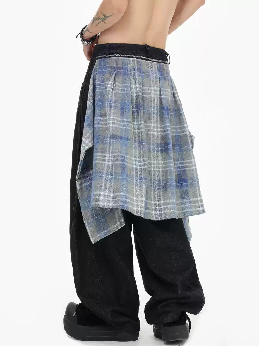 Spliced Plaid Shirt Tied Knot Jeans Korean Street Fashion Jeans By INS Korea Shop Online at OH Vault