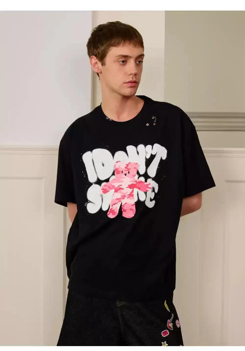 Bear and Graffiti Logo T-Shirt Korean Street Fashion T-Shirt By Donsmoke Shop Online at OH Vault