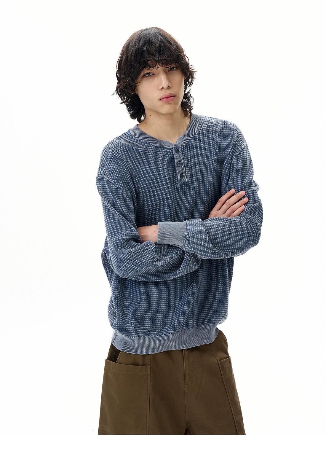 Henley Collar Textured Crewneck Korean Street Fashion Crewneck By 77Flight Shop Online at OH Vault