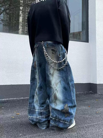 Stitched Stain Baggy Fit Jeans Korean Street Fashion Jeans By Dark Fog Shop Online at OH Vault