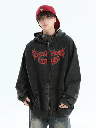 Grunged & Embroidered Hooded Denim Jacket Korean Street Fashion Jacket By INS Korea Shop Online at OH Vault