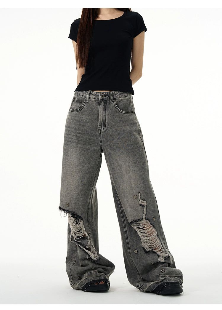 Ripped and Scattered Detail Jeans Korean Street Fashion Jeans By 77Flight Shop Online at OH Vault
