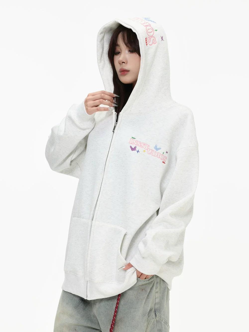 Logo Stitched Zip-Up Hoodie Korean Street Fashion Hoodie By INS Korea Shop Online at OH Vault