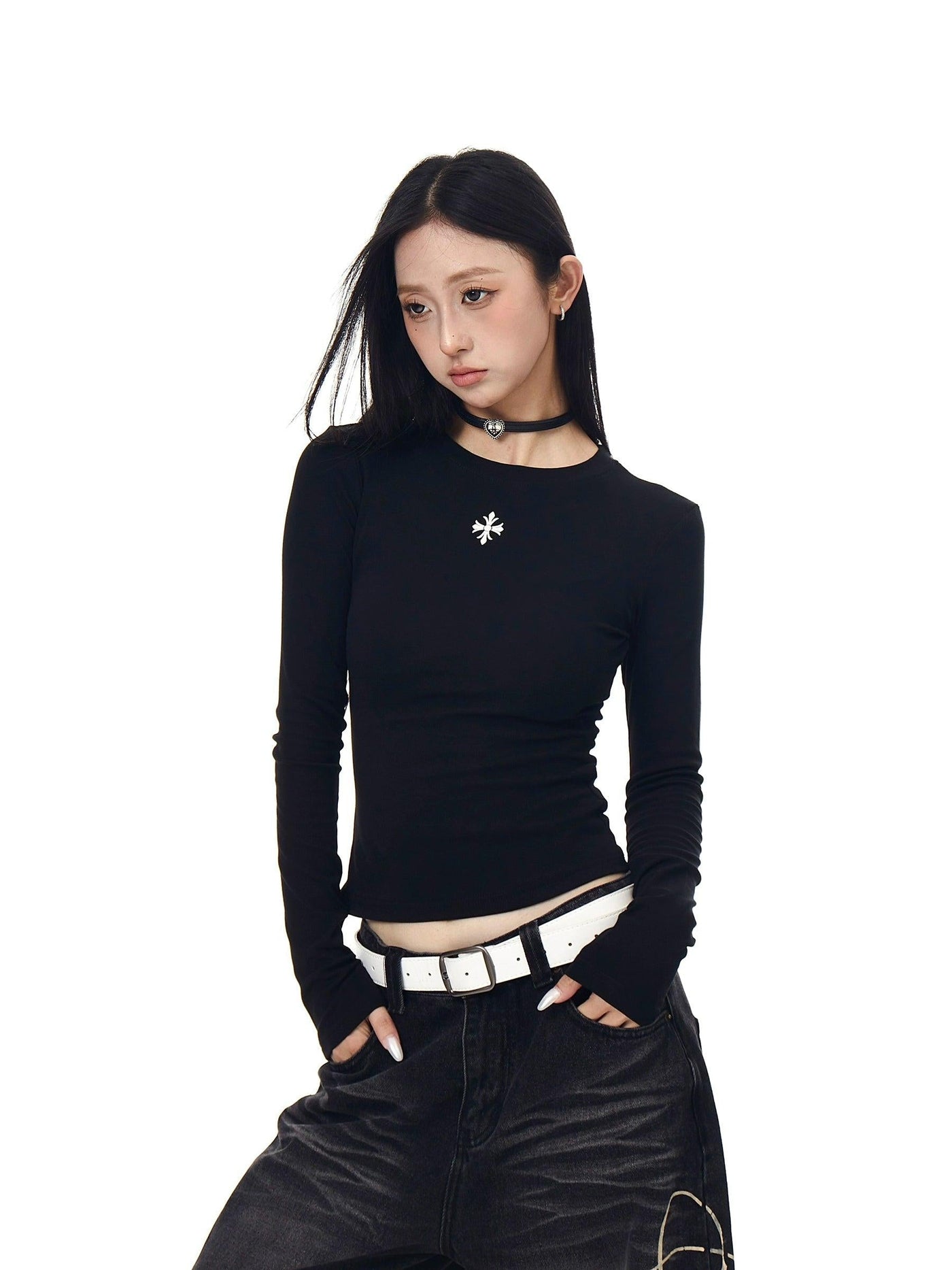 Cross Print Slim Fit L/S T-Shirt Korean Street Fashion T-Shirt By Blacklists Shop Online at OH Vault